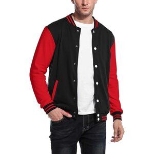 Men's Varsity Jacket Slim Fit Cotton Letterman Baseball Bomber Jackets Black Red